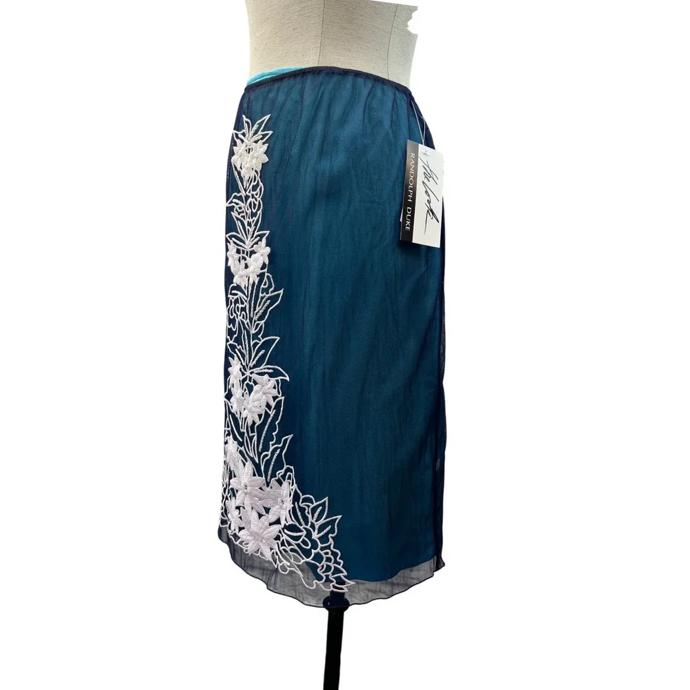 Randolph Duke Skirt Womens‎ 16 Blue NEW Floral Mesh Overlay Midi Cocktail